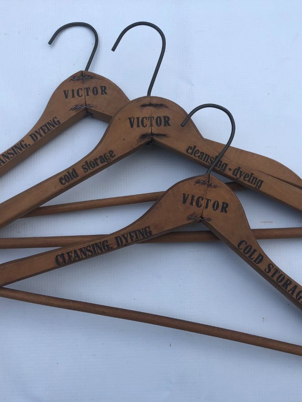 Vintage Wooden Advertising Coat Hanger Victor Cleaners - Lot of 3